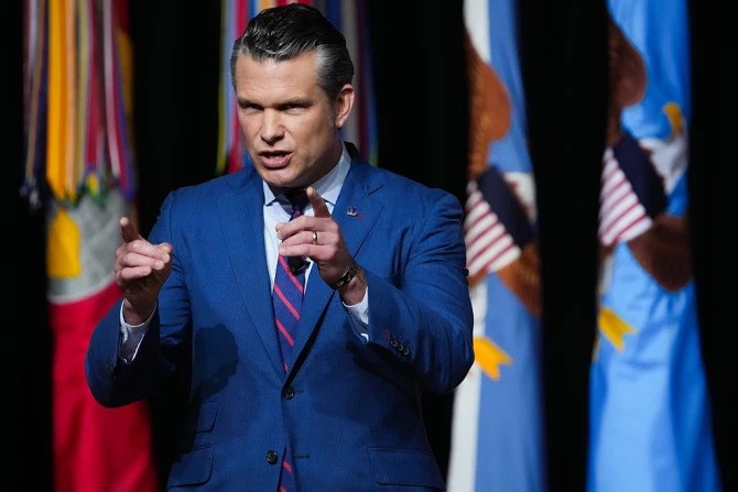 U.S. Secretary of War Pete Hegseth speaks to senior military leaders at Marine Corps Base Quantico on Sept. 30, 2025 in Quantico, Virginia. 