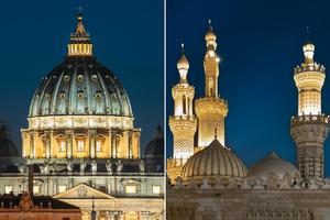The dome of St. Peter’s Basilica in Rome and the minarets of Al-Azhar Mosque in Cairo