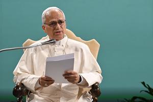 Pope Leo speaks Oct. 1, 2025, at the Focolare Mariapolis Center in Castel Gandolfo.