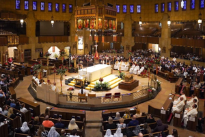 The bones and reliquary of St. Thérèse of Lisieux make their first stop at the Shrine of the Little Flower Basilica in Royal Oak, Michigan, on Oct. 2, 2025. 