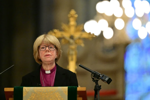 Britain’s new archbishop of Canterbury-designate, Sarah Mullally, speaks at Canterbury Cathedral in southeast England following the announcement of her posting on Oct. 3, 2025.