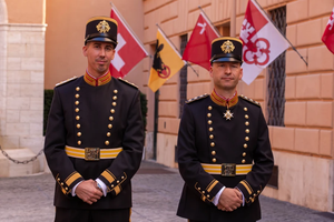 Swiss Guards model the new military dress uniform in a courtyard of the Swiss Guards’ Vatican barracks during an Oct. 2, 2025, presentation. The uniform, an updated version of a historic uniform used from the late 1800s to 1976, will be used at important events.