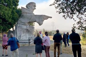 San Francisco Archbishop Salvatore Cordileone joins Vigil participants on July 1, 2020, at the St. Junípero Serra Statue along I-280 in California.