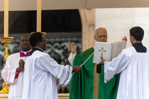 Pope Leo XIV celebrates Mass in St. Peter's Square at the Vatican on Oct. 5, 2025.