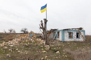 A Ukrainian flag is attached to a damaged tree near a destroyed residential building in a village in the Mykolaiv region of Ukraine, March 2, 2024.