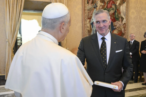 Pope Leo XIV shakes hands with Knights of Columbus Supreme Knight Patrick Kelly during an audience with Knights of Columbus leadership at the Vatican on Oct. 6, 2025.