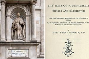 L to R: A statue of St. John Henry Newman outside of Brompton Oratory in London; title page of ‘The Idea of a University,’ 1873