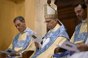 Pope Leo XIV joins the Australian community for evening prayer at Domus Australia Catholic Chapel in Rome on Monday, Oct. 6, 2025.