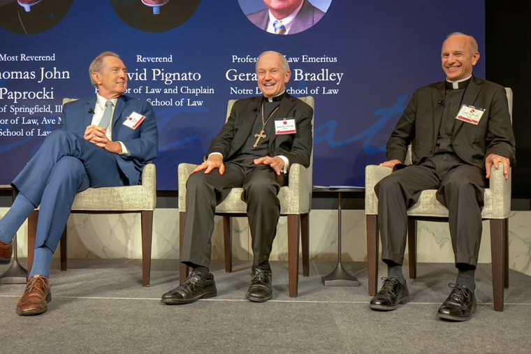 Gerard Bradley (left), Bishop Thomas Paprocki (center), and Father David Pignato (right) speak on a panel at Ave Maria School of Law Conference on Oct. 3, 2025, at the Heritage Foundation in Washington, D.C.