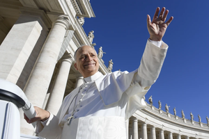 Pope Leo XIV waves from the popemobile during an audience in St. Peter’s Square on Oct. 4, 2025.