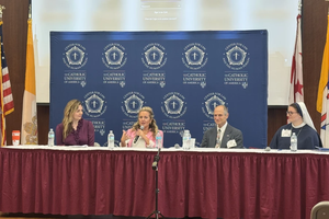 Kat Talalas, Amy Ford, Christopher Bell, and Sister Maria Frassati, SV, speak at the Leading with Love Conference at The Catholic University of America in Washington, D.C., on Oct. 8, 2025.