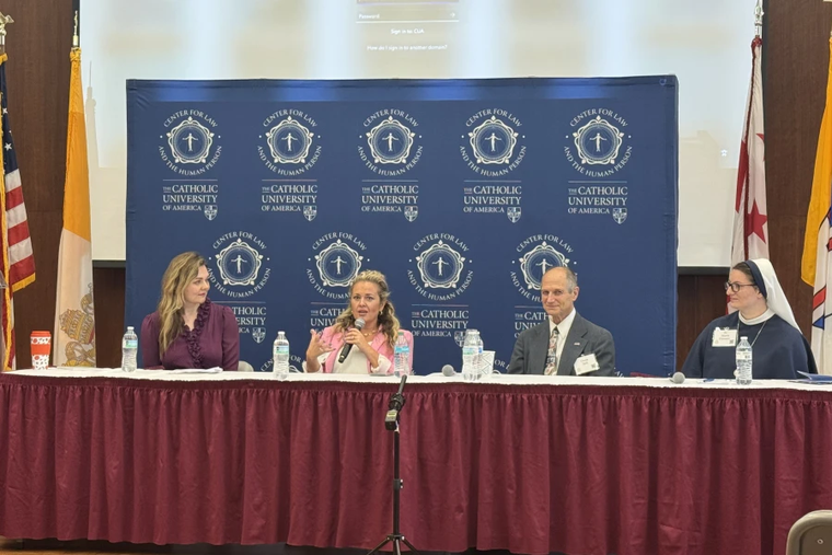 Kat Talalas, Amy Ford, Christopher Bell, and Sister Maria Frassati, SV, speak at the Leading with Love Conference at The Catholic University of America in Washington, D.C., on Oct. 8, 2025.