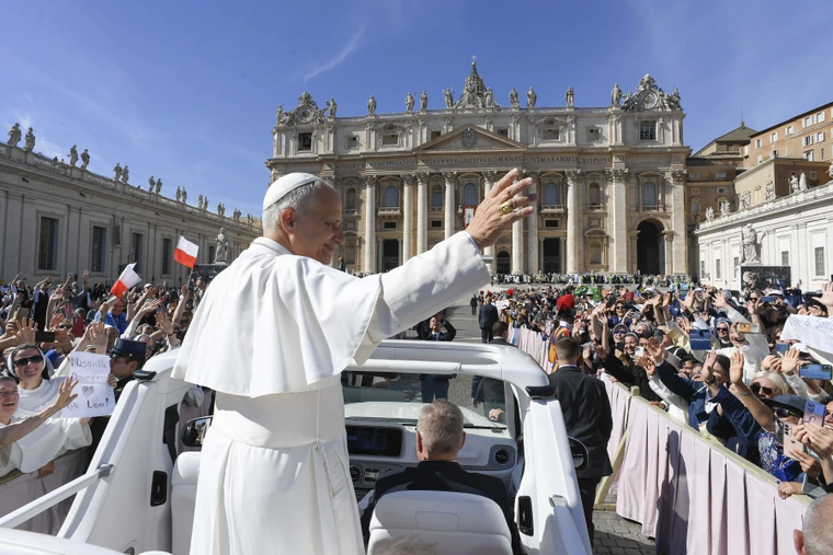 Pope Leo XIV greets those gathered for the Jubilee of Consecrated Life Mass in St. Peter’s Square on Oct. 9, 2025, at the Vatican.
