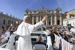 Pope Leo XIV greets those gathered for the Jubilee of Consecrated Life Mass in St. Peter’s Square on Oct. 9, 2025, at the Vatican.