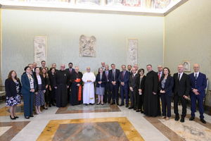 Pope Leo XIV meets with members of Aid to the Church in Need at the Vatican on Oct. 10, 2025.