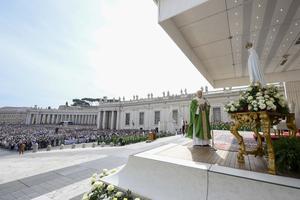 Pope Leo prays on Sunday, Oct. 12, 2025, in St. Peter's Square before the Our Lady of Fatima statue that traveled from Portugal from the Jubilee.