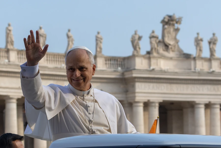 Pope Leo XIV waves from the popemobile during an Oct. 15, 2025 public audience in St. Peter's Square.