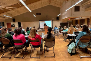 Rachael Isaac speaks to student athletes at Franciscan University of Steubenville, hosted by Franciscan University Athletic’s Athlete Center for Excellence (ACE), in October 2024.