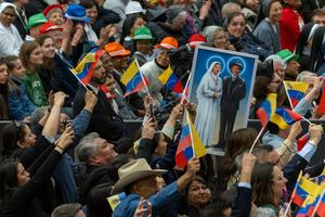 Venezualans celebate their country’s two new saints during the canonization ceremony on Oct. 19, 2025, in St. Peter’s Square at the Vatican. 