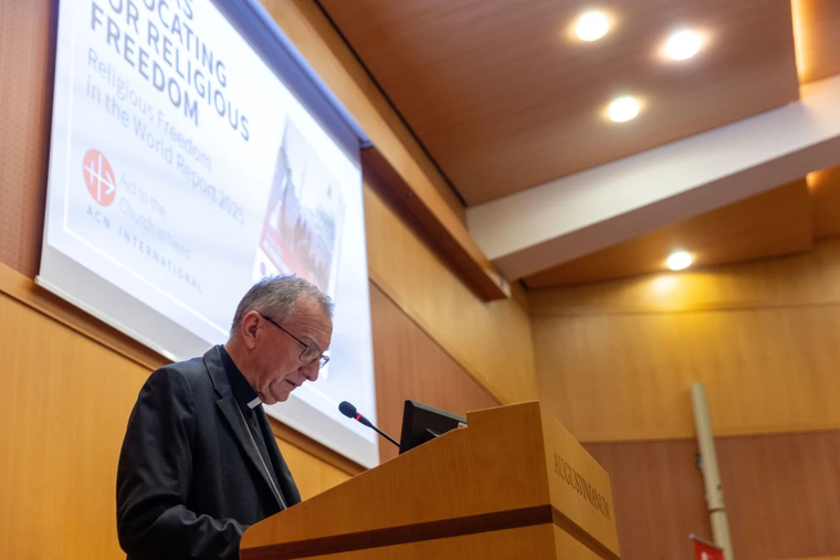Cardinal Pietro Parolin speaks at the release of Aid to the Church in Need’s 2025 report at the Vatican on Oct. 21, 2025.