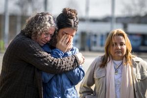 Former Hamas hostage Aviva Siegel (L) comforts her daughter Elan Tiv next to Former Hamas hostage Raz Ben Ami during a meeting with  sympathizers during their visit to the 55th session of the UN Human Rights Council in Geneva on February 29, 2024. Raz Ben Ami was released on November 29, 2023 as part of an extended temporary ceasefire deal. Aviva Siegel was released on November 26, 2023. 