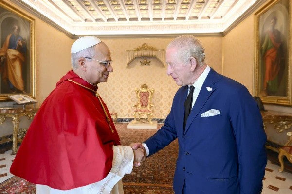 Pope Leo XIV greets King Charles III at the Vatican, Thursday, Oct. 23, 2025. 