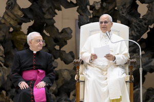 Pope Leo XIV addresses the Knights of the Holy Sepulchre at the Vatican on Oct. 23, 2025.