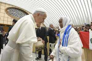 Pope Leo XIV meets with participants of the fifth World Meeting of Popular Movements on Oct. 23, 2025, in the Vatican’s Paul VI Audience Hall.