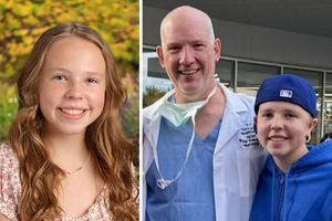 Shooting survivor Sophia Forchas in a photo before the incident and then posing with neurosurgeon Dr. Walt Galicich at Gilette Children’s Hospital on a very happy day as she goes home to be with her family.