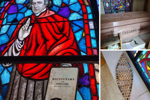 The cathedral in Marquette, with Bishop Baraga's tomb; stained-glass windows tell the life story of the Venerable, who often wore snowshoes to traverse the rugged winter terrain.