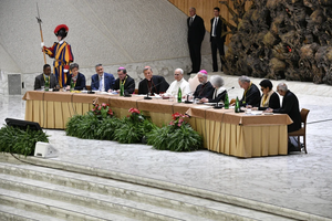 Pope Leo XIV speaks to participants in the Jubilee of Synodal Teams and Participatory Bodies on Oct. 24, 2025, in the Paul VI Audience Hall at the Vatican.