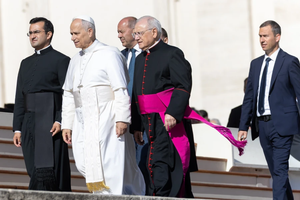 Pope Leo XIV arrives in St. Peter’s Square for his weekly general audience on Oct. 29, 2025.