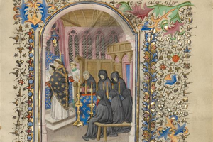 An illuminated manuscript depicts a requiem Mass.