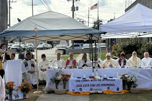 Scene from Nov. 1, 2025 Mass outside the Broadview facility in Chicago where immigration advocates allege federal authorities inhumanely treat detainees.