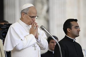 Pope Leo XIV prays during his general audience on Sept. 24, 2025, in St. Peter’s Square at the Vatican.