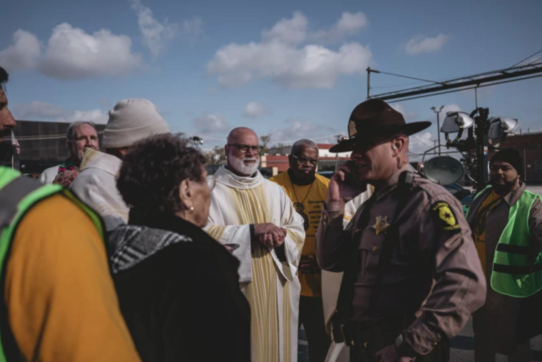 Auxiliary Bishop Jose María García-Maldonado with eight spiritual leaders, including Sister JoAnn Persch, attempt to bring Communion to detainees at the Broadview, Illinois, facility and were not admitted Nov. 1, 2025.