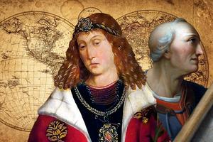 Left: Detail of St. Emeric from a 1478 painting in the Church of Spišská Kapitula, Slovakia. Right: Charles Willson Peale, “Amerigo Vespucci,” 1816, National Portrait Gallery, Washington, D.C.