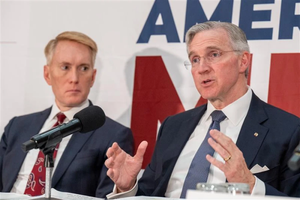 Supreme Knight Patrick Kelly (right) speaks at the Symposium on Young American Men, a national conversation on restoring purpose, flourishing, and belonging, at the National Press Club in Washington, D.C., on Nov. 3, 2025. Looking on is Sen. James Lankford of Oklahoma.