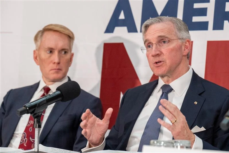 Supreme Knight Patrick Kelly (right) speaks at the Symposium on Young American Men, a national conversation on restoring purpose, flourishing, and belonging, at the National Press Club in Washington, D.C., on Nov. 3, 2025. Looking on is Sen. James Lankford of Oklahoma.
