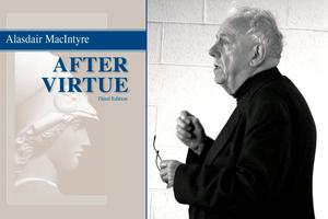 Alasdair MacIntyre in March 2009 with the cover of his book ‘After Virtue’