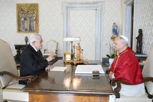 Pope Leo XIV speaks with President Mahmoud Abbas of Palestine during a private audience in the Vatican’s Apostolic Palace on Nov. 6, 2025.
