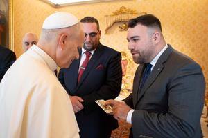 Eric Lavin, of Our Lady of Mount Carmel Catholic Church in Newark, New Jersey, presents Pope Leo with a relic of St. Frances Cabrini, October 2025.