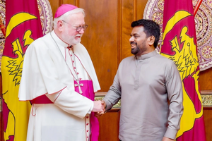 Archbishop Paul Richard Gallagher, the Vatican’s secretary for relations with states and international organizations, meets Sri Lankan President Anura Kumara Dissanayake at the Presidential Secretariat in Colombo on Nov. 4, 2025.