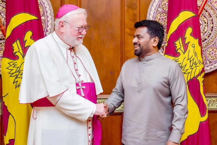 Archbishop Paul Richard Gallagher, the Vatican’s secretary for relations with states and international organizations, meets Sri Lankan President Anura Kumara Dissanayake at the Presidential Secretariat in Colombo on Nov. 4, 2025.
