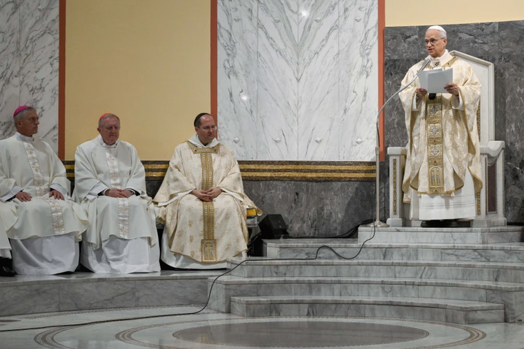 Pope Leo XIV celebrates Mass at Sant’Anselmo Church in Rome on Nov. 11, 2025, for the 125th anniversary of the church’s consecration. Sant’Anselmo Church is part of a residential college and offices of the Benedictine Confederation, the governing body of the Order of St. Benedict.