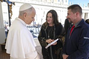 On Nov. 5, Roxane Salonen, accompanied by her husband Troy, shows Pope Leo her co-authored book, ‘What Would Monica Do?’ (about prayerful perseverance when loved ones fall away from the faith), and asks the Pope to pray for all the ‘Monica moms and dads.’ Roxane also showed and gave Leo a copy of the article she wrote on his connection with her hometown of Fargo, North Dakota.