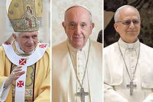 Pope Benedict XVI, Pope Francis, and Pope Leo XIV.