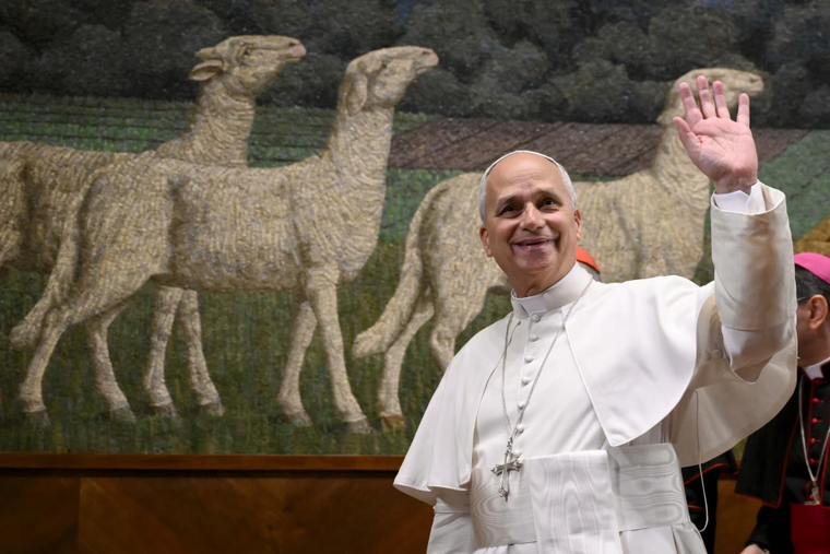 Pope Leo XIV waves to those gathered at the Pontifical Lateran University in Rome on Nov. 14, 2025.