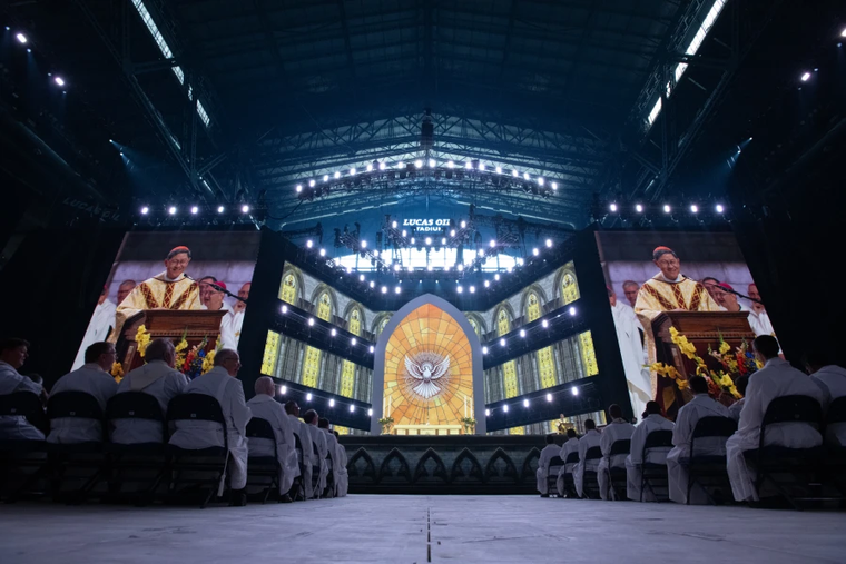 Cardinal Luis Antonio Tagle presides over the closing Mass of the National Eucharistic Congress in Lucas Oil Stadium on July 21, 2024, in Indianapolis.