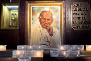 A painting of St. John Paul II hangs in the Cathedral of San Rufino in Assisi, Italy. 